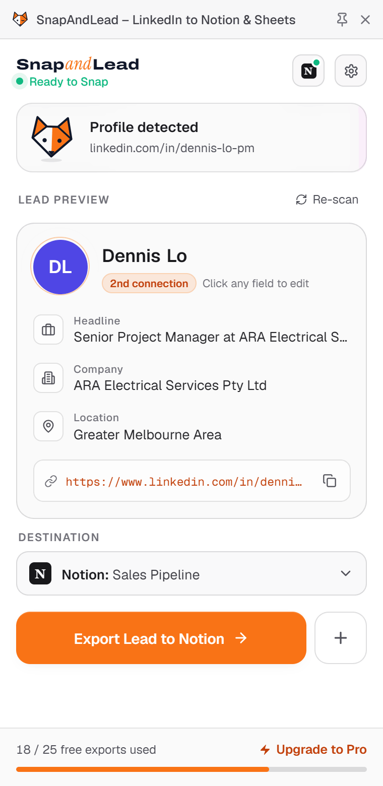 Side panel showing a detected LinkedIn profile